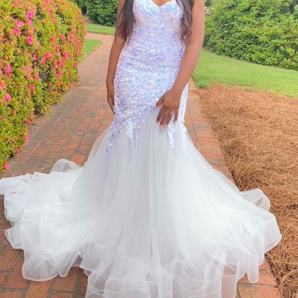 Vienna Prom Iridescent Sequin White Mermaid Gown